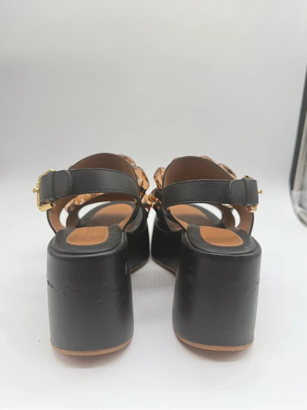 See by Chloé Black Platform Sandals with Tortoiseshell Chain Sz 39 EU 8 US